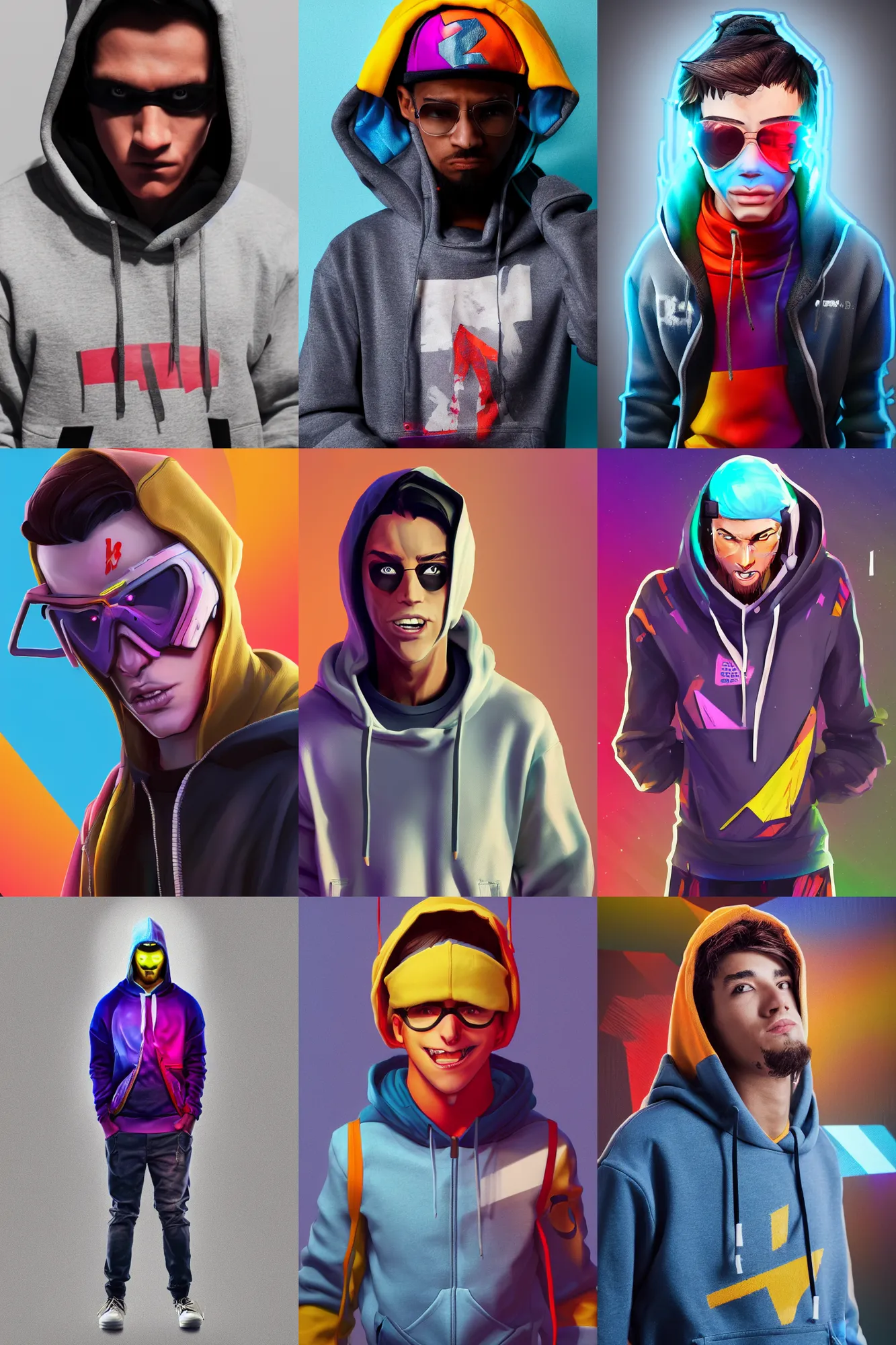 Prompt: a full body fully lit sharp focus realistic portrait digital octane render of a single young man dressed in 90s street clothing and a bright hoodie with face and body clearly visible and an attitude, fornite, overwatch, valorant, high quality, happy mood, artstation trending, vibrant colours, no crop, no helmet, entire character, blank background, face visible, SFW,