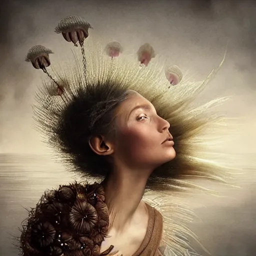 Image similar to brown woman wearing a jellyfish armor. iridiscent. super detailed. layered. textured. award winning. dispersion of light. refracted lighting. soft. fragile. by ray caesar. by louise dahl - wolfe. by andrea kowch. by tom bagshaw. surreal photography