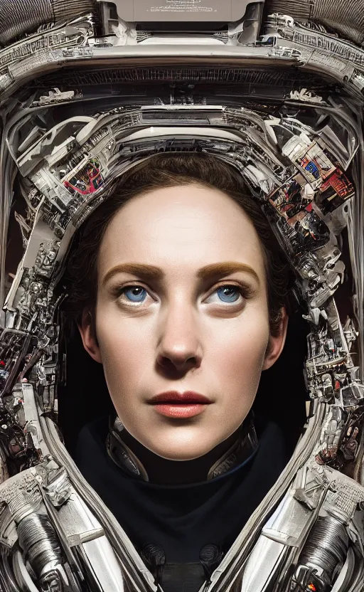 Image similar to portrait of a woman wearing a science fiction suit, technology, sci fi, beautiful detailed intricate insanely detailed octane render, 8K artistic photography, photorealistic, chiaroscuro, by Raphael, Caravaggio, directed by Denis Villeneuve, cinestill 800t