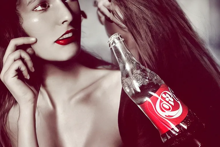 Prompt: beautiful model woman drinking a Coca-Cola by Alessio albi