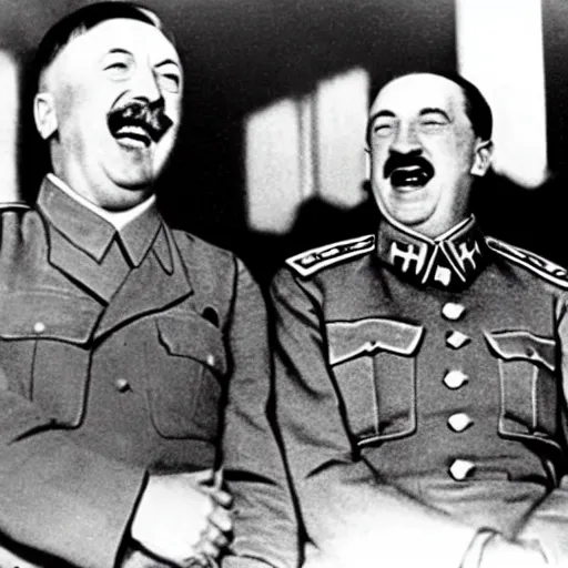 Prompt: hitler and stalin laughing out loud after ww 2