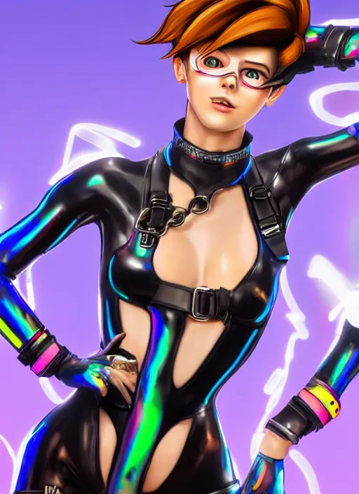 Image similar to full body digital artwork of tracer overwatch, wearing black iridescent rainbow latex swimsuit, 4 k, expressive happy smug expression, makeup, in style of mark arian, wearing detailed black leather collar, wearing chains, black leather harness, leather cuffs around wrists, detailed face and eyes,