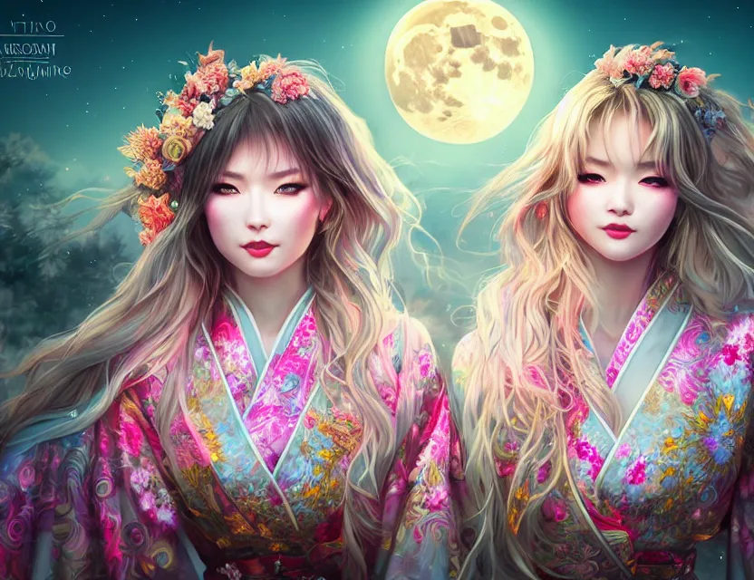 Image similar to two beautiful alluring siberian girls wear fantasy kimono in festival | | sunny night, full moon, dreamlike art, realistic shaded, smile, good looking, hyper details, 4 k realistic, cryengine, realistic shaded lighting poster by artgerm, ross tran, fuji choko, 8 k resolution, trending on artstation, luxury