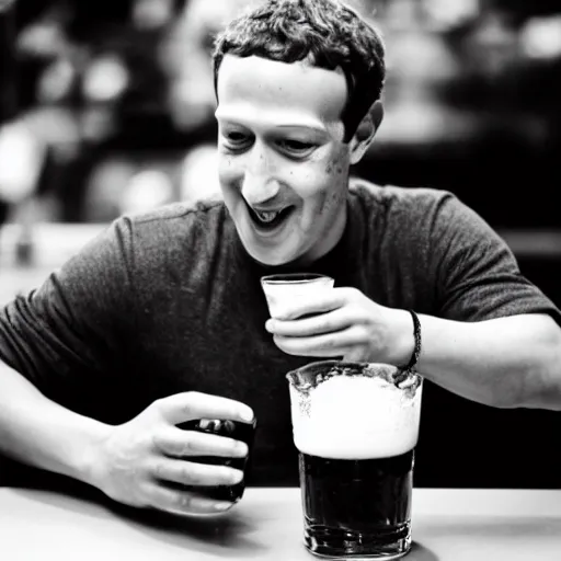 Prompt: Mark Zuckerberg drinking a glass of beer at the bar, black and white, dslr photo