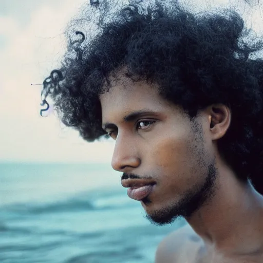 Prompt: somali male, curly hair, portrait, vintage, water, on beach, nostalgic, nature, dreamy, pastel, studio ghibli, thoughtful, wise, intricate details, shot in 1 9 8 0 s