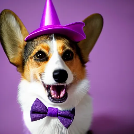 Image similar to a corgi wearing a purple party hat and a red bowtie, cinematic, ultra - hd