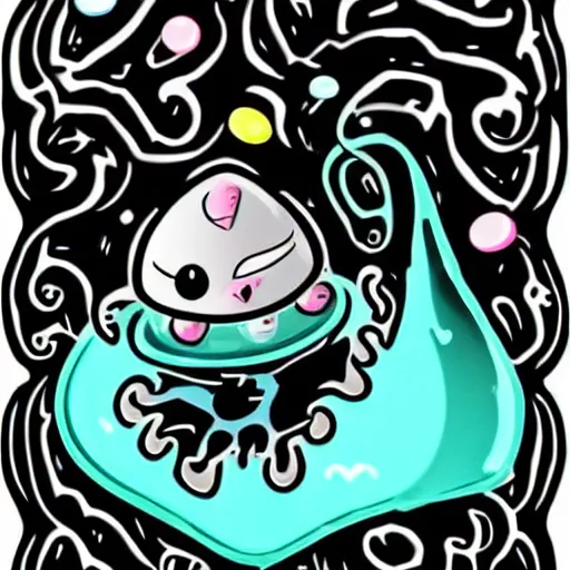 Image similar to a cute digital art of black ink slime in form of liquid black cat, cartoon sticker, dnd slime illustration