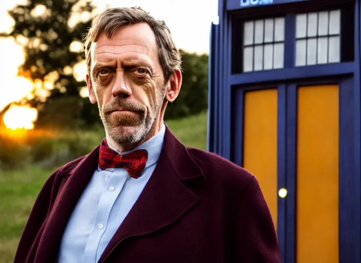 Image similar to dslr photo portrait still of hugh laurie as doctor who in front of the tardis at sunset, 8 k, 8 5 mm f 1. 4