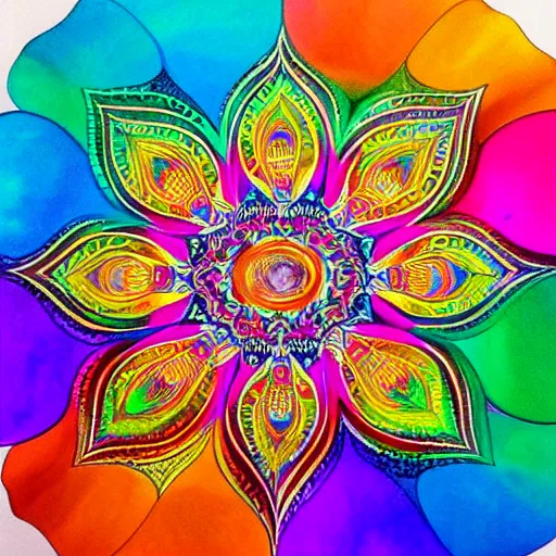 Image similar to “Four dimensional lotus mandala. Brightly coloured dripping Psychedelic kaleidoscope art, prize winning high definition linework structure, oil on water colour rainbow”