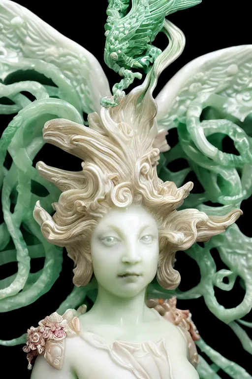 Image similar to a closeup photo, rococo alabaster and jade real delicate ceramic porcelain sculpture of an ornate detailed phoenix goddess in front of an intricate background by rafael, micro detail, backlit lighting, subsurface scattering, translucent, thin porcelain, emerald, jade, octane renderer, colorful, physically based rendering, trending on cgsociety