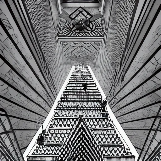 Image similar to perfectly-centered black and white chequered starcase ascending up a pyramid into the clouds, pillars on either side of the staircase, grain, surrealist, POV shot, intricate details, ornate, highly detailed, digital painting, artstation, concept art, smooth, sharp focus, illustration, Unreal Engine 5, 8K, art by Joe Fenton and M.C Esche and Rob Gonsalves