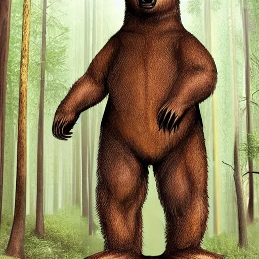 Image similar to scary bear standing on 2 legs, huge bear, taller than the trees, forest, colossal bear, digital art