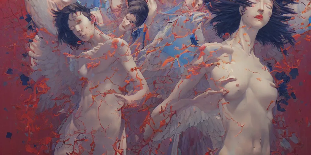 Image similar to gigantic angels painting soft light by james jean and satoshi kon and erik jones, inspired by evangelion, smooth feature, intricate oil painting, high detail illustration, sharp high detail, 1 9 9 9