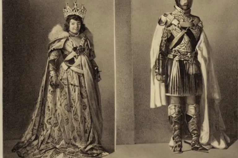 Image similar to a woman dressed as a male king in military attire, with a very feminine queen