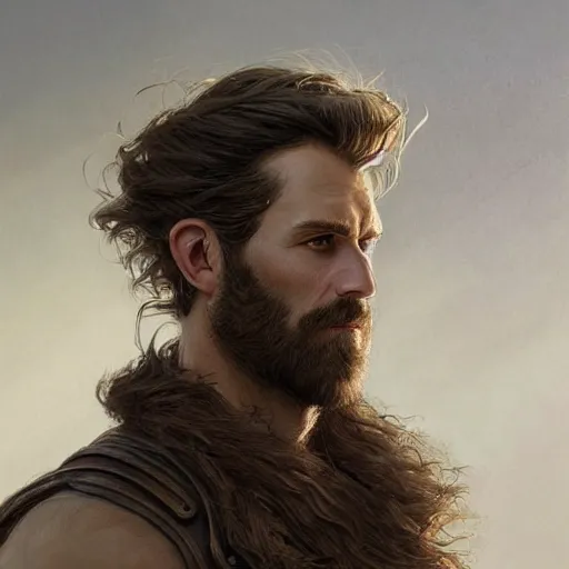 Prompt: portrait of a young, ruggedly handsome ranger, soft hair, muscular, half body, leather, hairy, d & d, fantasy, intricate, elegant, highly detailed, digital painting, artstation, concept art, smooth, sharp focus, illustration, art by artgerm and greg rutkowski and alphonse mucha