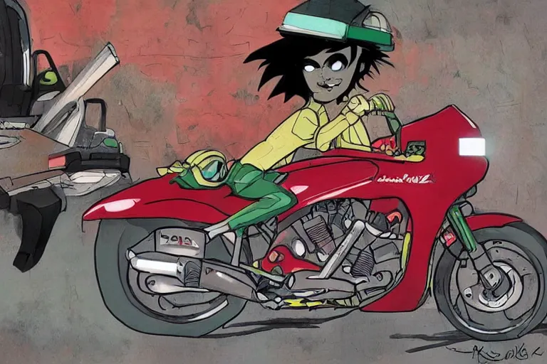 Image similar to italian pizza, akira's motorcycle, gorillaz, advertisement, kid drawn