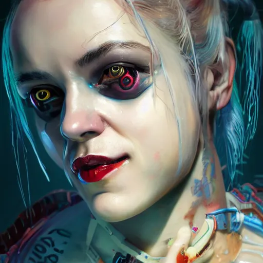 Image similar to lofi cyberounk biopunk portrait of harley quinn, au naturel, hyper detailed, digital art, trending in artstation, cinematic lighting, studio quality, smooth render, unreal engine 5 rendered, octane rendered, art style by klimt and nixeu and ian sprigger and wlop and krenz cushart