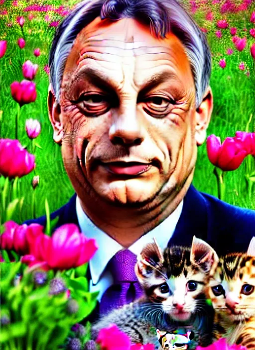 Image similar to hungarian prime minister viktor orban laying on a field of flowers with multiple cute kittens, photo, professionally retouched, realistic, smooth face, perfect eyes, symmetrical, full body shot, wide angle, sharp focus on eyes, 8 k high definition, insanely detailed, intricate, elegant, art by artgerm