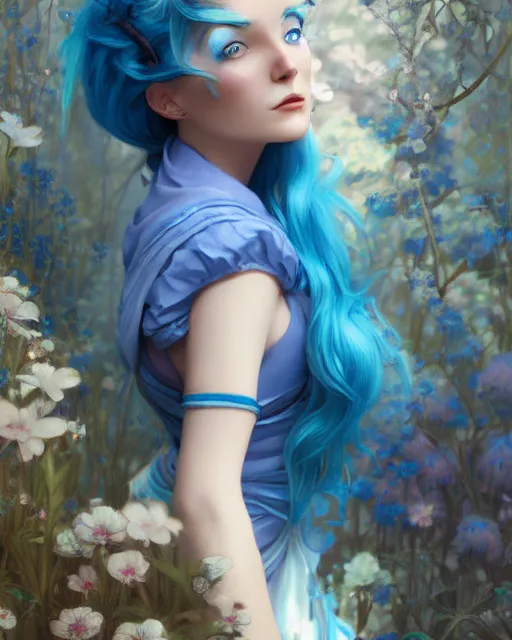 Image similar to pretty girl with blue hair dressed as alice and wonderland, digital painting, 8 k, concept art, art by wlop, artgerm, greg rutkowski and alphonse mucha