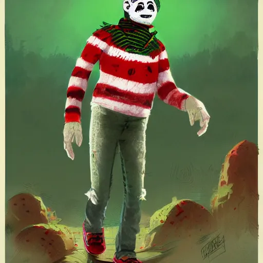 Image similar to Freddie Kruger wearing a green and red striped sweater, horror, grunge, loony toons style, illustrated by Greg Rutkowski ., Trending on artstation, artstationHD, artstationHQ, 4k, 8k