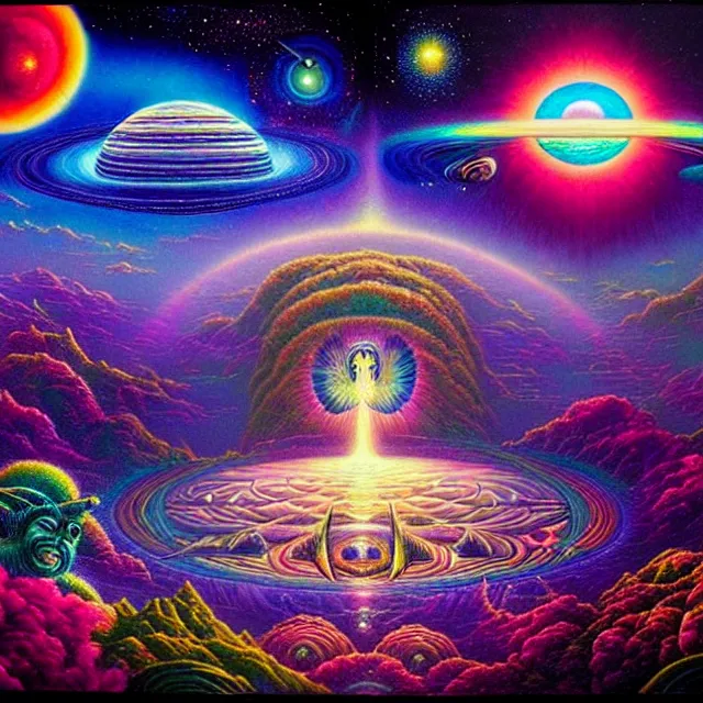 Prompt: a beautiful vibrant to intergalactic skies and alien planets, spiritual science, divinity, utopian, by david a. hardy, hana yata, kinkade, lisa frank,