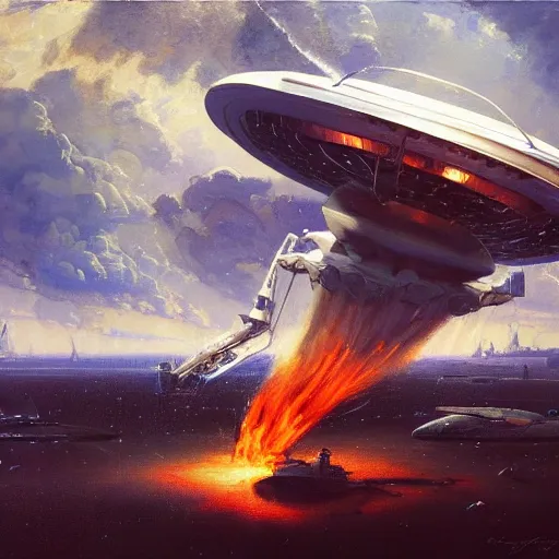 Image similar to a huge spaceship landing, the spaceship is on fire, smoke, rainstorm, lightning, angry, kinetic, john sargent, adolphe bouguereaum, norman rockwell, style by peter deligdisch, concept art by jama jurabaev, trending on artstation, highly detailed oil painting,