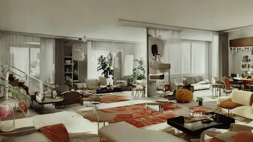 Prompt: photorealistic interior of 70's living room