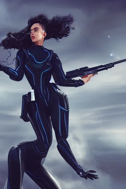 Prompt: a stunning picture of a beautiful young woman wearing futuristic deep black battle bodyarmor and legings with ombre navy blue teal hairstyle blowing in the wind shouldering a futuristic rifle by marvel comics, digital art, trending on artstation