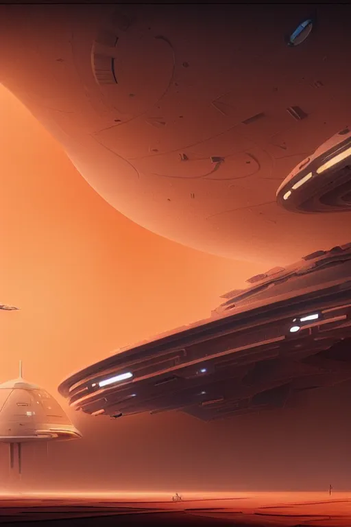 Image similar to futuristic space station in the red desert 3 d concept art, cinematic lighting, bladerunner car, intricate details, dust storm, building by zaha hadid, pastel orange sunset, emissary space by arthur haas and bruce pennington and john schoenherr, cinematic matte painting, dark moody monochrome colors, trending on artstation, featured on behance
