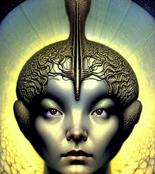 Image similar to detailed realistic beautiful young bjork alien robot as queen of mars face portrait by jean delville, gustave dore and marco mazzoni, art nouveau, symbolist, visionary, gothic, pre - raphaelite. horizontal symmetry by zdzisław beksinski, iris van herpen, raymond swanland and alphonse mucha. highly detailed, hyper - real, beautiful