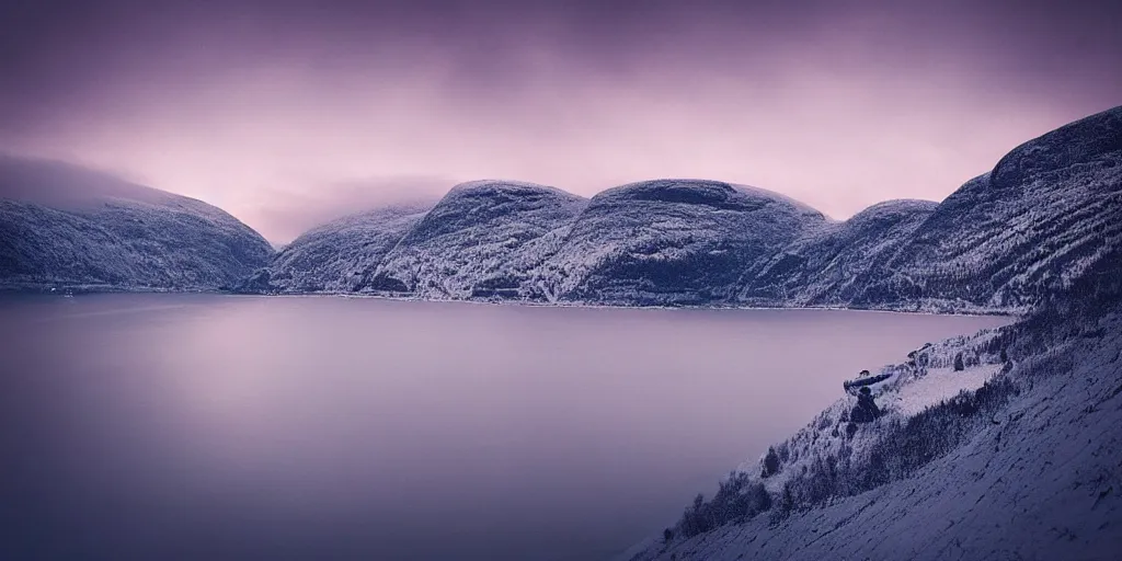 Prompt: “snow covered fjords in norway at dawn by Alena Aenami and Marc Simonetti”