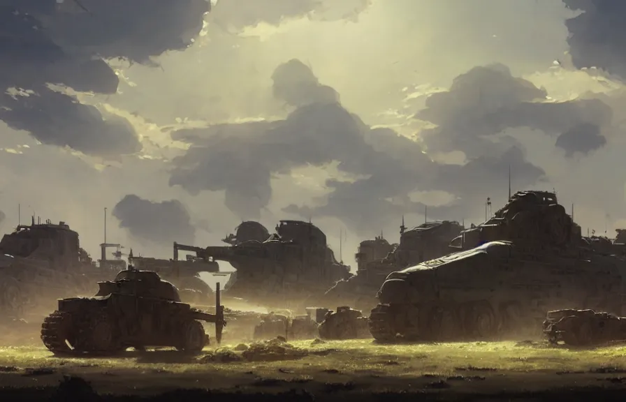 Image similar to concept art of a dusty field with ruined dieselpunk orcish tanks and smoking craters in the background, key visual, ambient lighting, highly detailed, digital painting, artstation, concept art, sharp focus, by makoto shinkai and akihiko yoshida and hidari and wlop