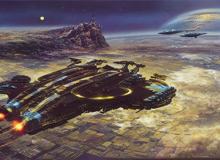 Prompt: matte painting, peter elson, chris foss, john berkey, terran trade authority