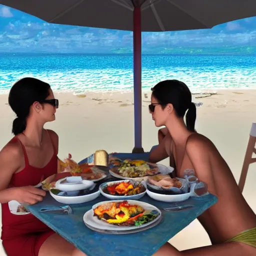 Image similar to kendall jenner eating lunch at the beach, photorealistic, ultra - detailed, hdr shot, unreal engine rendering 4 k