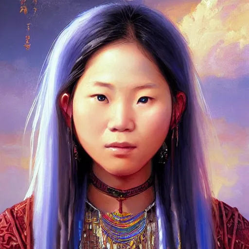 Prompt: portrait of a young pangcah people woman ( 3 5 ) from taiwan in 2 0 2 1, an oil painting by ross tran and thomas kincade