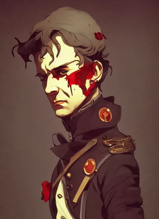 Prompt: a wounded french revolutionary with a stoic look on his face and a bloody uniform, heroic, glorious, in the style of artgerm, gerald brom, atey ghailan and mike mignola, vibrant colors and hard shadows and strong rim light, plain background, comic cover art, trending on artstation