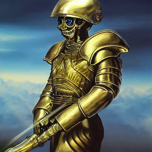 Prompt: high fantasy 1 9 8 0's wargame airbrushed artwork - inspired photo, a giant silver reflective chrome android wearing a mask shaped like an intricately carved beautiful human skull with glowing laser eyes, golden giant battle armor, inside a futuristic army base