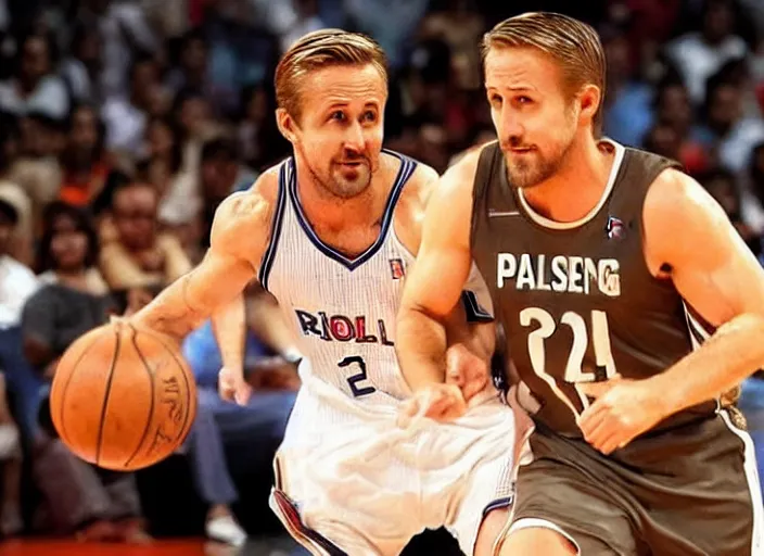 Image similar to ryan gosling playing in nba, philippines, real life photograph, award winning photograph, 4 k