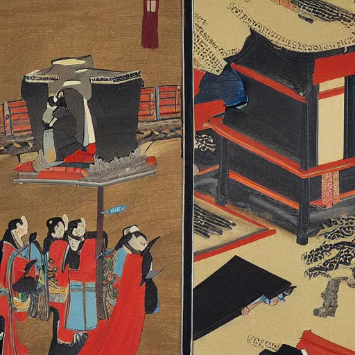 Prompt: a dramatic painting of a medieval Japanese funeral, by Santoshi Kon, detailed, golden hour