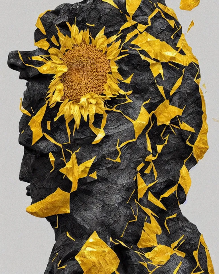 Prompt: symmetrical painting of a fractured obsidian greek statue of a sunflower fixed with kintsugi, rendered in octane trending on cgsociety. extremely detailed and intricate art