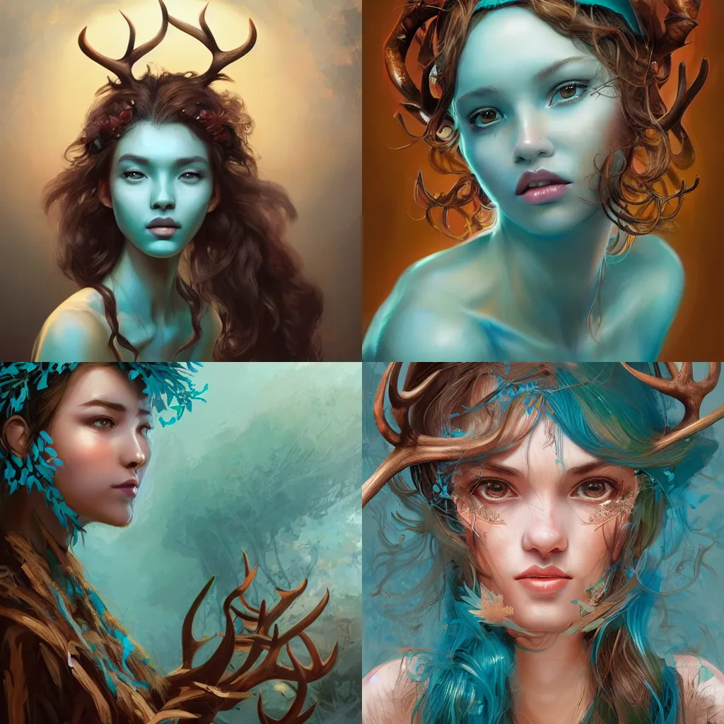 Prompt: A beautiful digital painting of a beautiful woman with teal skin and antlers made of wood on her head, brown curly hair with autmn leaves weaved into it, by Stanley Artgerm Lau, WLOP, Rossdraws, James Jean, Andrei Riabovitchev, Marc Simonetti, and Sakimichan, trending on artstation, SFW version