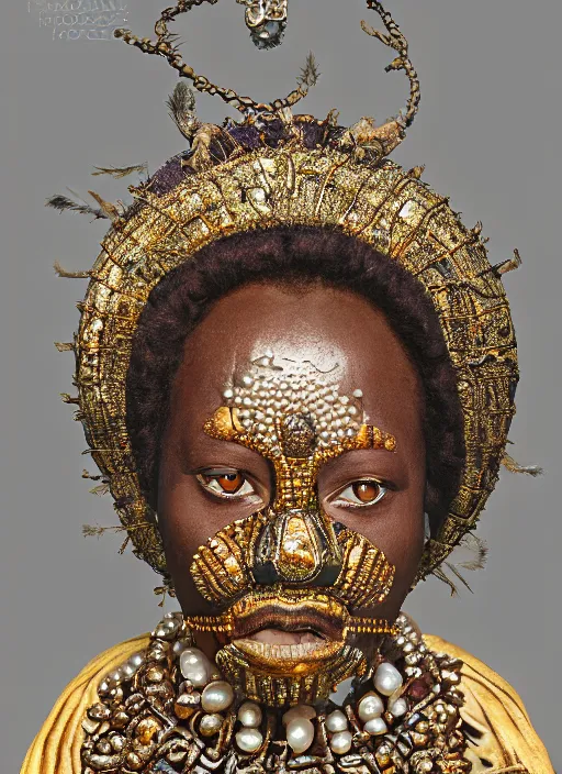 Image similar to hyperrealism, detailed textures, award winning autochrome african colonial 1 9 0 5 photo, symetrical africanpearl old screaming medusa queen autochrome pearl portrait, pearl silverplate, intricate, detailed facial pearl scary animal mask, pearl, golden jewelery, silverplate, ultra realistic, cinematic, intricate, cinematic light by steve mccurry, unreal engine 8 k