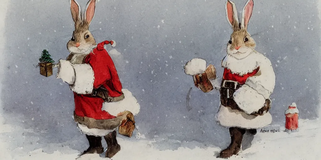 Image similar to a rabbit dressed as a swedish santa, christmas postcard, in the style of anders zorn