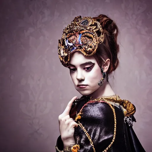 Prompt: a photo of a young female wearing wearable art, baroque, ornate, photorealistic, studio shoot, 8 k