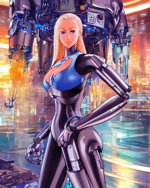 Image similar to portrait of a blonde woman with blue eyes as a robot, cybernetic enhancements, art by makoto shinkai and alan bean, yukito kishiro