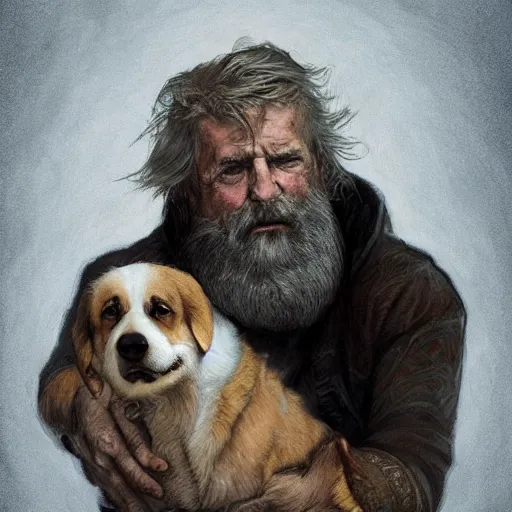 Prompt: portrait of a old, ruggedly handsome bearded man cuddling a corgi dog, soft hair, muscular, half body, cloth, d & d, fantasy, intricate, elegant, highly detailed, digital painting, artstation, concept art, smooth, sharp focus, illustration, art by artgerm and greg rutkowski and alphonse mucha