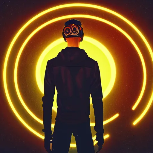 Image similar to in the style of max prentis and deathburger and laurie greasley a young man wearing a cyberpunk headpiece who is standing in front of a large circular ancient glowing portal, highly detailed, 8 k wallpaper