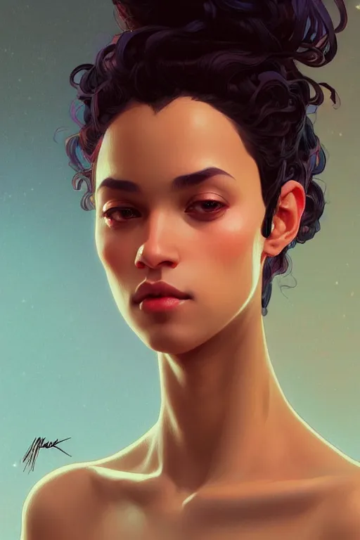 Prompt: a portrait of a beautiful mixed race woman, fantasy, sharp focus, intricate, elegant, digital painting, artstation, matte, highly detailed, concept art, illustration, ambient lighting, art by ilya kuvshinov, artgerm, alphonse mucha, and greg rutkowski