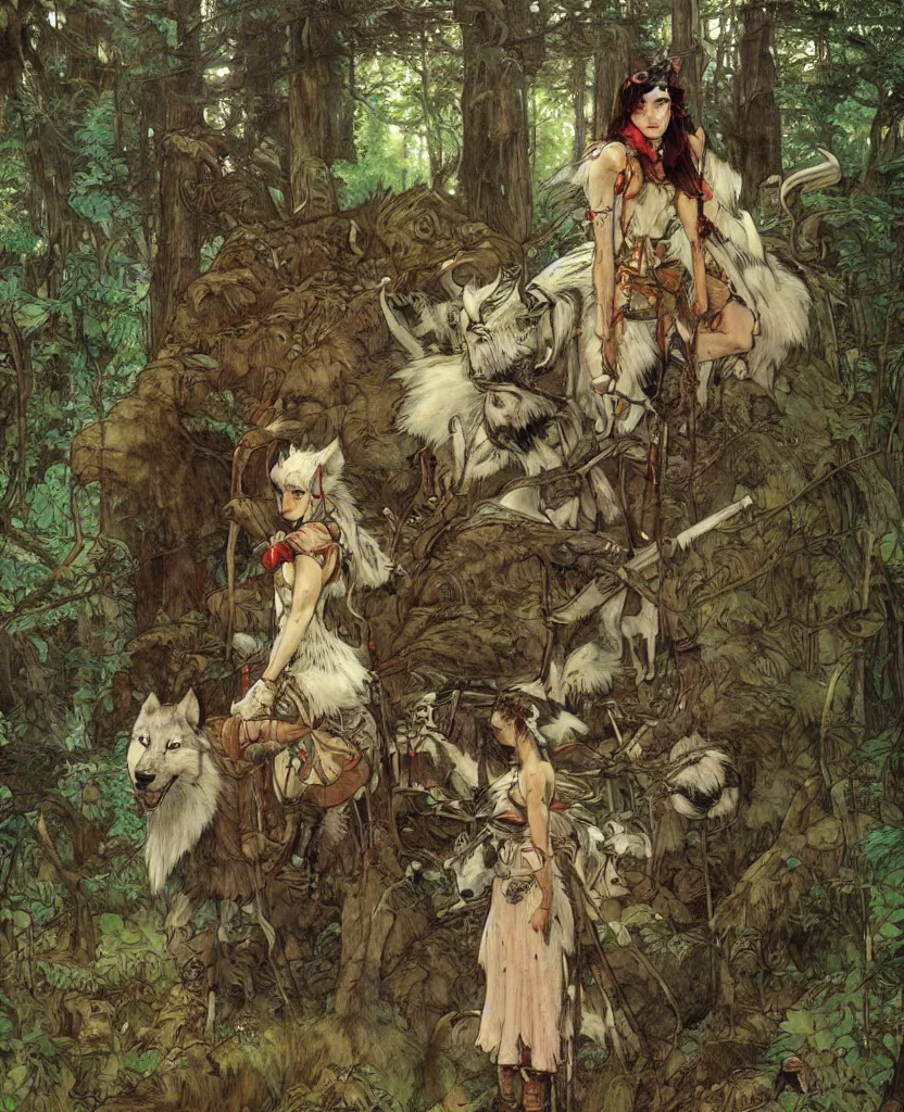 Image similar to portrait of Princess Mononoke, wolves, fully clothed in armor, lush forest, neon, concept art, schematics, painted by norman rockwell, mucha, james gurney, high detail, denoised, sharp, architectural