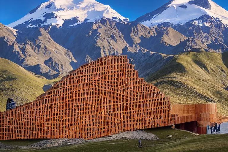 Prompt: architecture photo modern fachwerk wooden giant opera building settlement with Elbrus mountain on the background, architecture, photorealism 8k , shining and happy atmosphere, uplight, high details